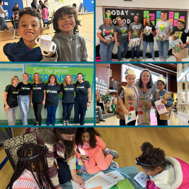 Collage of photos of students and staff members doing reading activities. 