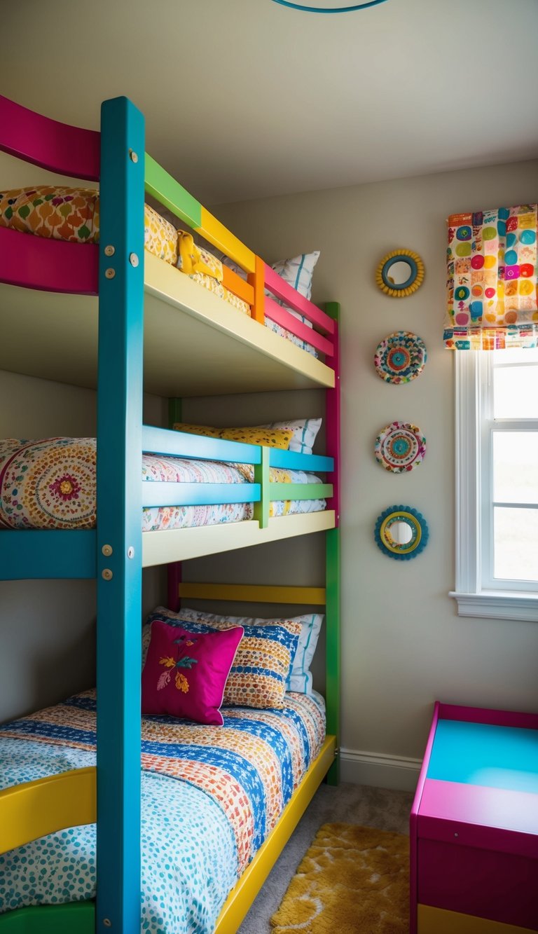 A bunk room with colorful, mismatched bunk beds, playful patterns, and whimsical decor