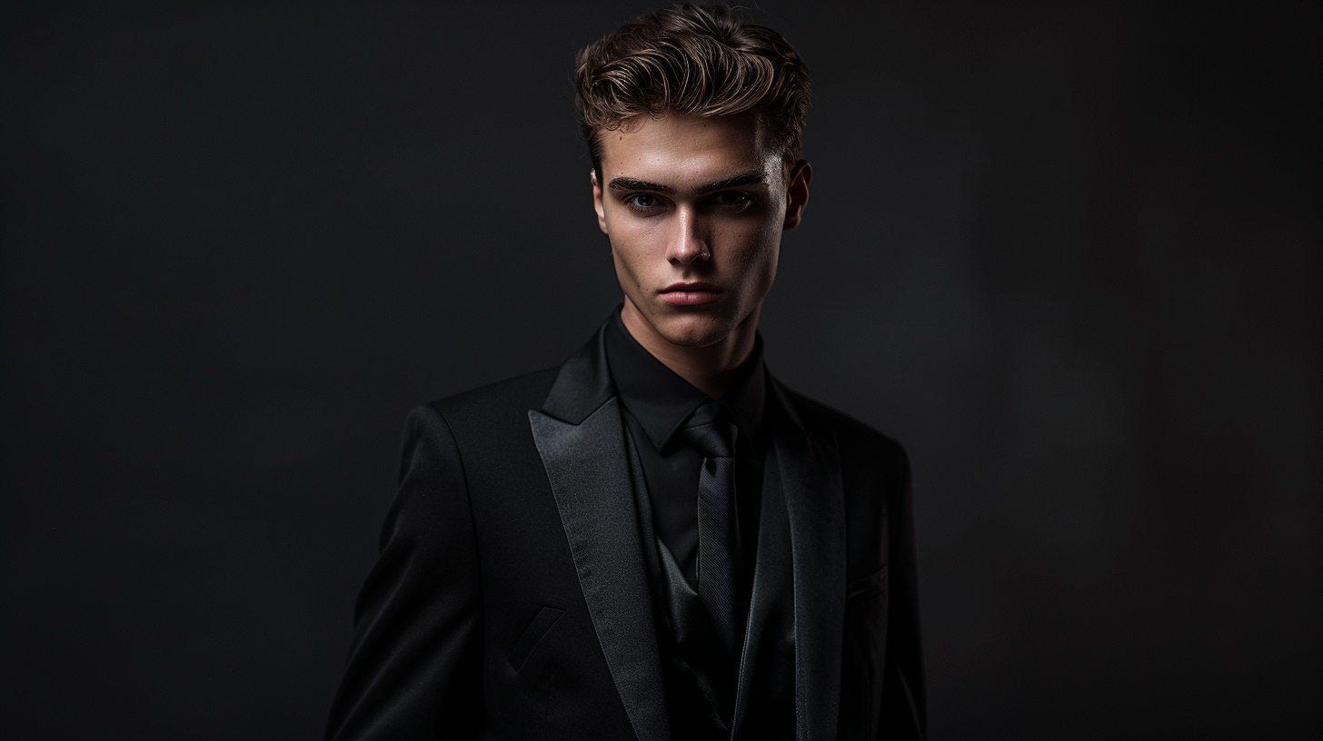 Teen guy in an all-black prom suit--black jacket, black shirt, black tie. Subtle texture or pattern to add depth. Sleek and edgy look in a moody prom setting with dramatic lighting.