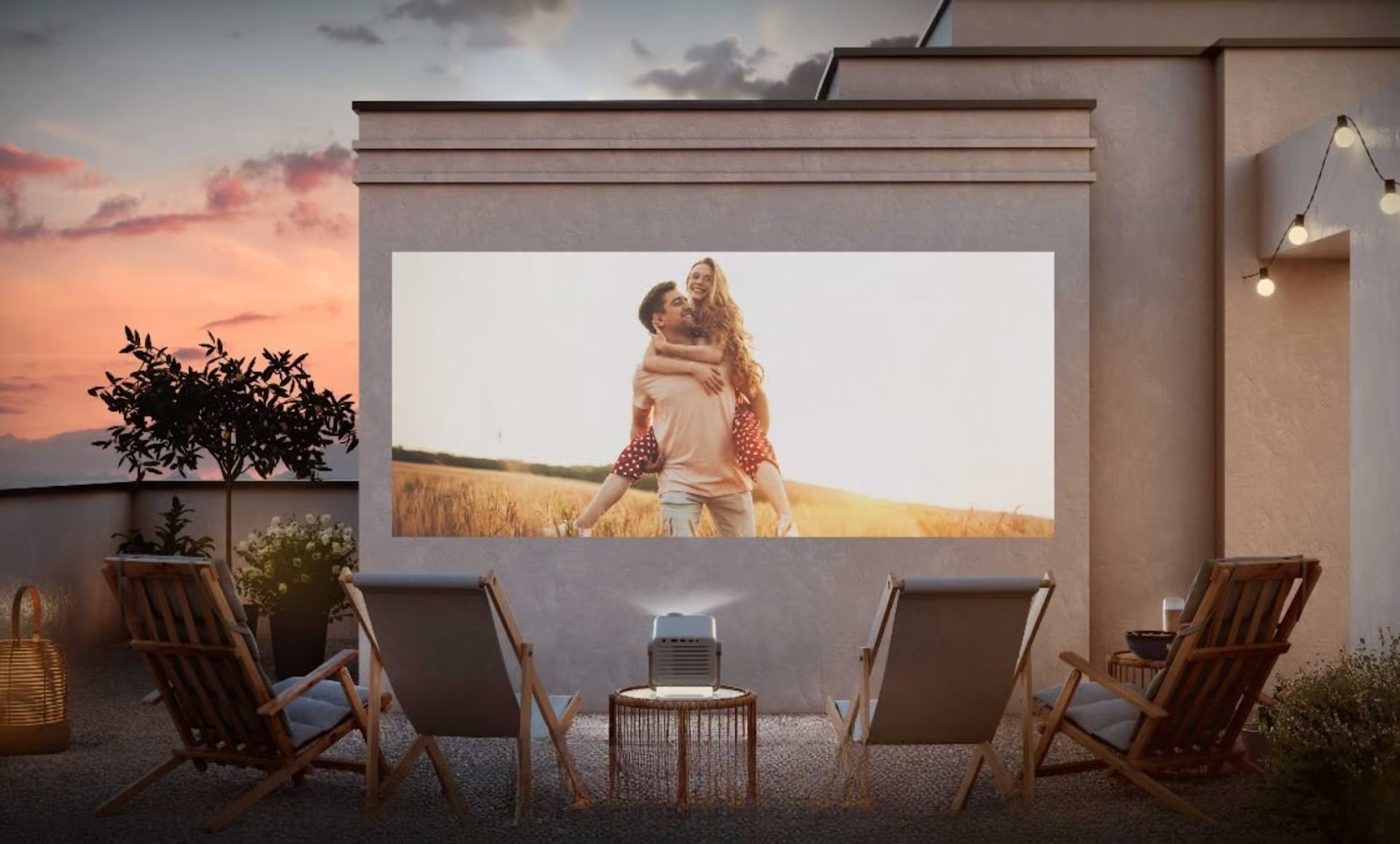 Hisense M2 Pro displaying 4k visuals on wall outdoors.