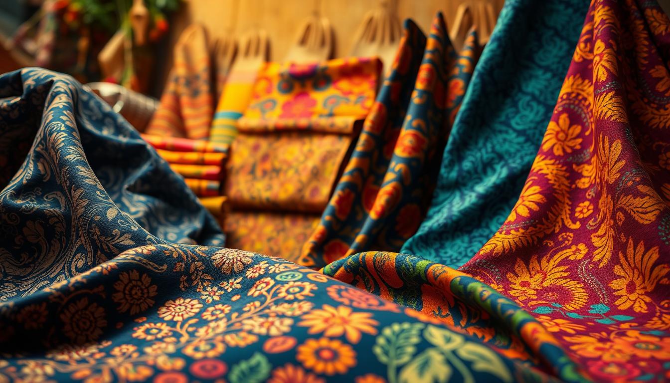 A vibrant, textured composition showcasing an array of traditional batik fabric types found in Malaysia. In the foreground, a lush, tactile display of intricate batik patterns in a range of colors - deep indigos, warm ochres, and vivid jewel-toned hues. The middle ground features various batik textile samples, highlighting the diversity of techniques and materials used, such as hand-drawn wax resists, bold graphic motifs, and delicate floral designs. In the background, a softly lit, atmospheric setting evokes the rich cultural heritage and artisanal craft of Malaysian batik. Captured with a warm, natural lighting and a shallow depth of field to accentuate the tactile qualities of the fabrics.