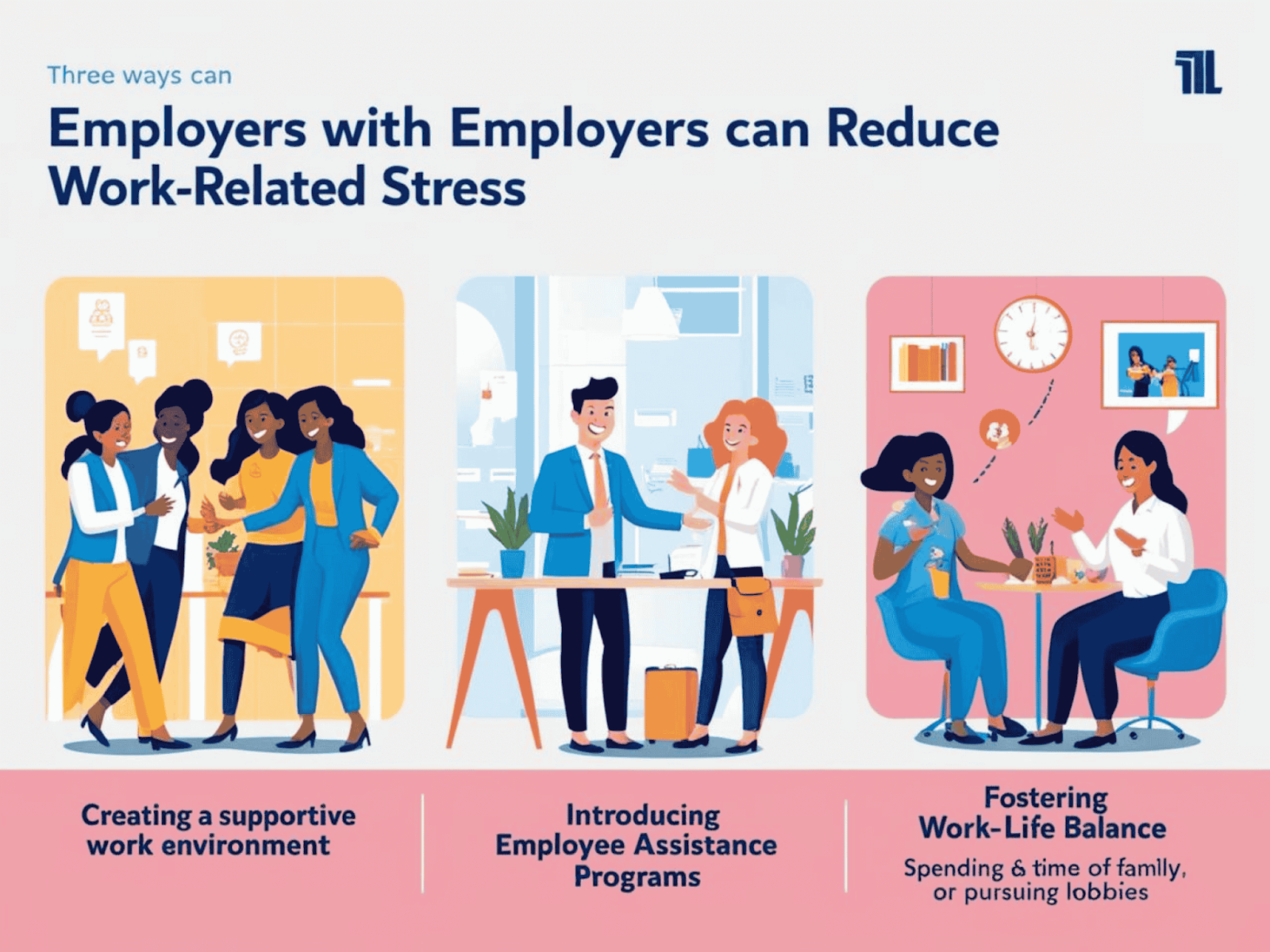 Illustration showing three ways employers can reduce work stress: support, EAPs, and work-life balance.