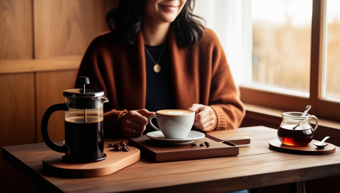 The image shows a cozy scene of a woman seated at a wooden table near a window, enjoying a cup of coffee. She is holding a white coffee cup in her hands, while a French press and a small jar of coffee beans are placed in front of her on a wooden tray. The atmosphere is warm and inviting, with soft natural light streaming through the window, and the woman is dressed in a rust-colored cardigan, exuding a relaxed and peaceful vibe. How Do You Take Your Coffee