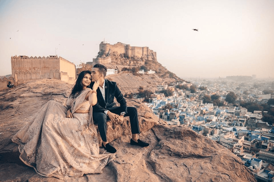 Pre-wedding shoot at Jaswant Thada, Mehrangarh Fort with couple sitting together