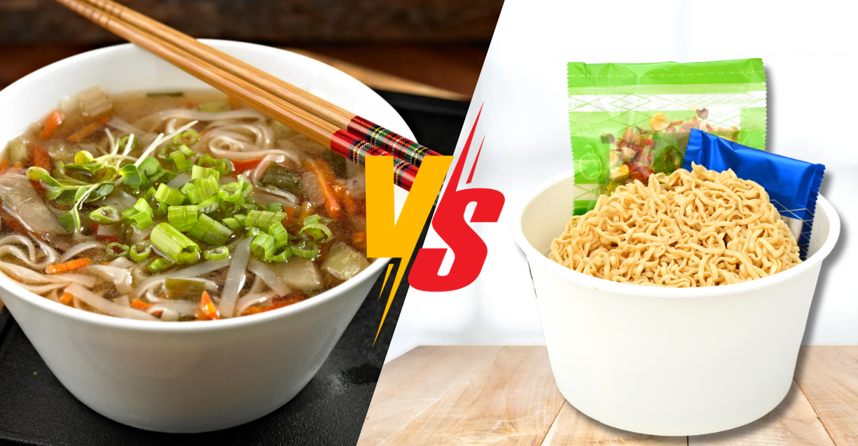 (Vergelijking van pho en instant noedels naast elkaar: zie het verschil in ingrediënten, versheid en smaak in één opvallende afbeelding.)