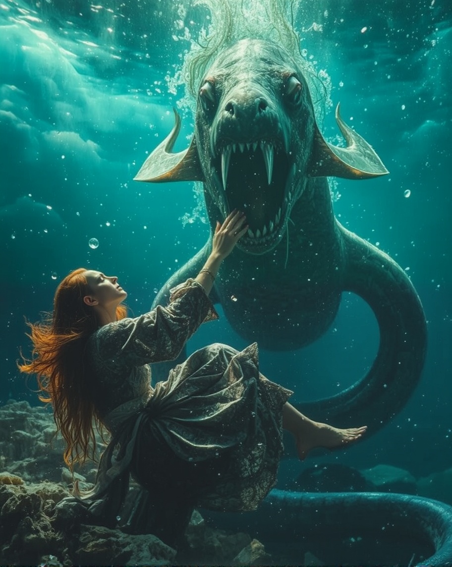 A woman fighting a giant eel underwater