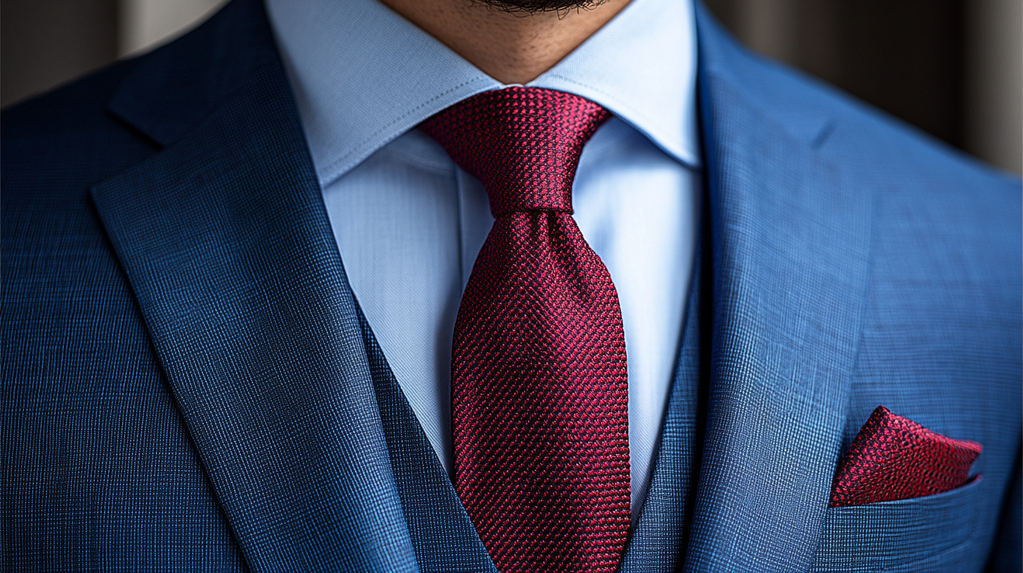 
A man wearing a blue suit with a vibrant red tie, creating a bold contrast. The red tie stands out against the blue suit, exuding confidence and style, ideal for formal events or weddings