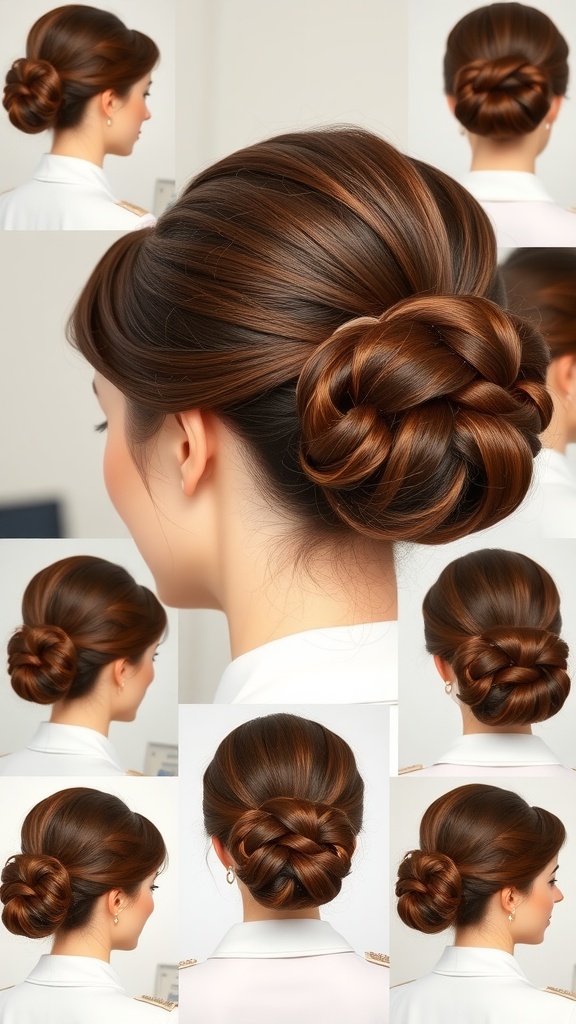 A collage of vintage roll updo hairstyles for flight attendants showcasing various styles of polished buns.
