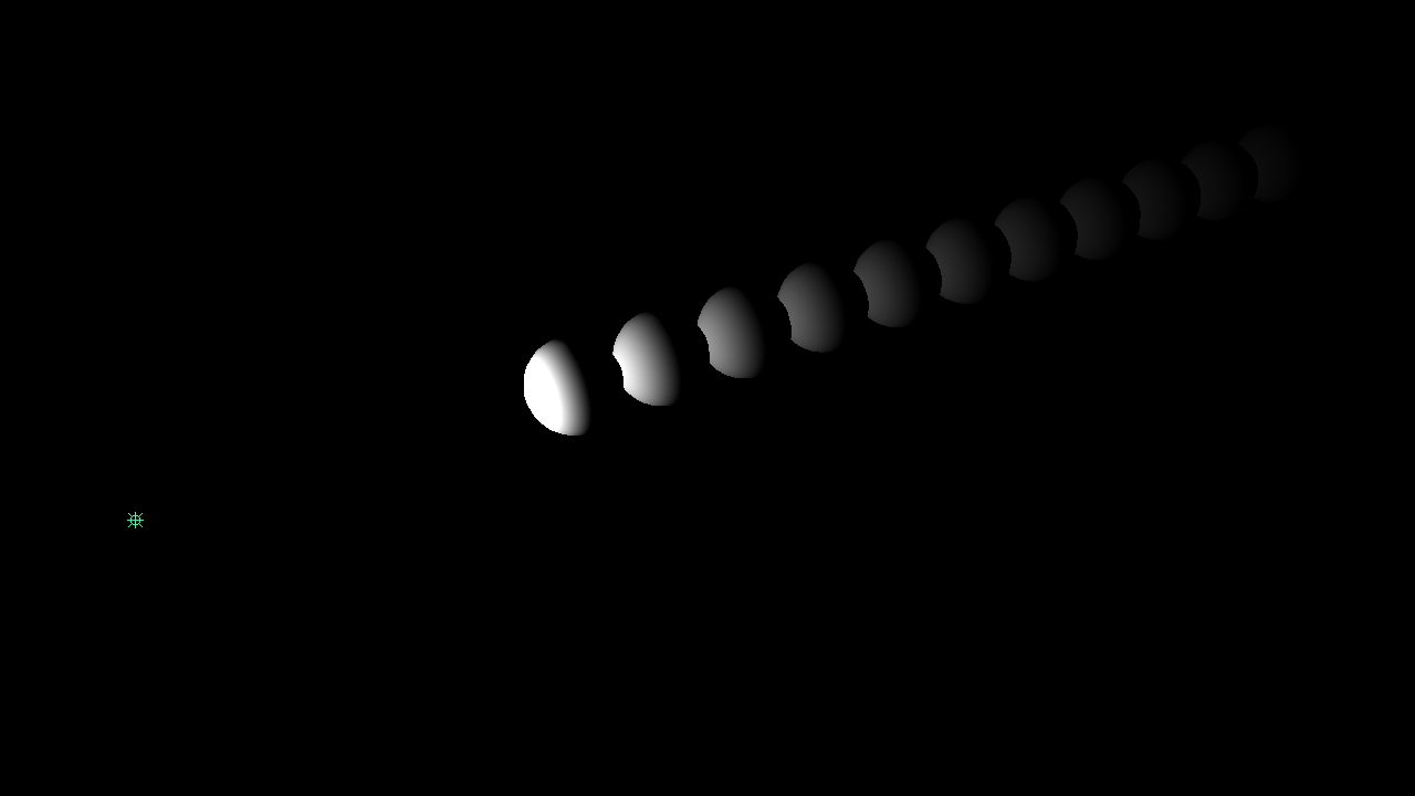 A row of spheres lit from the left-hand side of the scene. The spheres appear to disappear into the shadows on the right-hand side.
