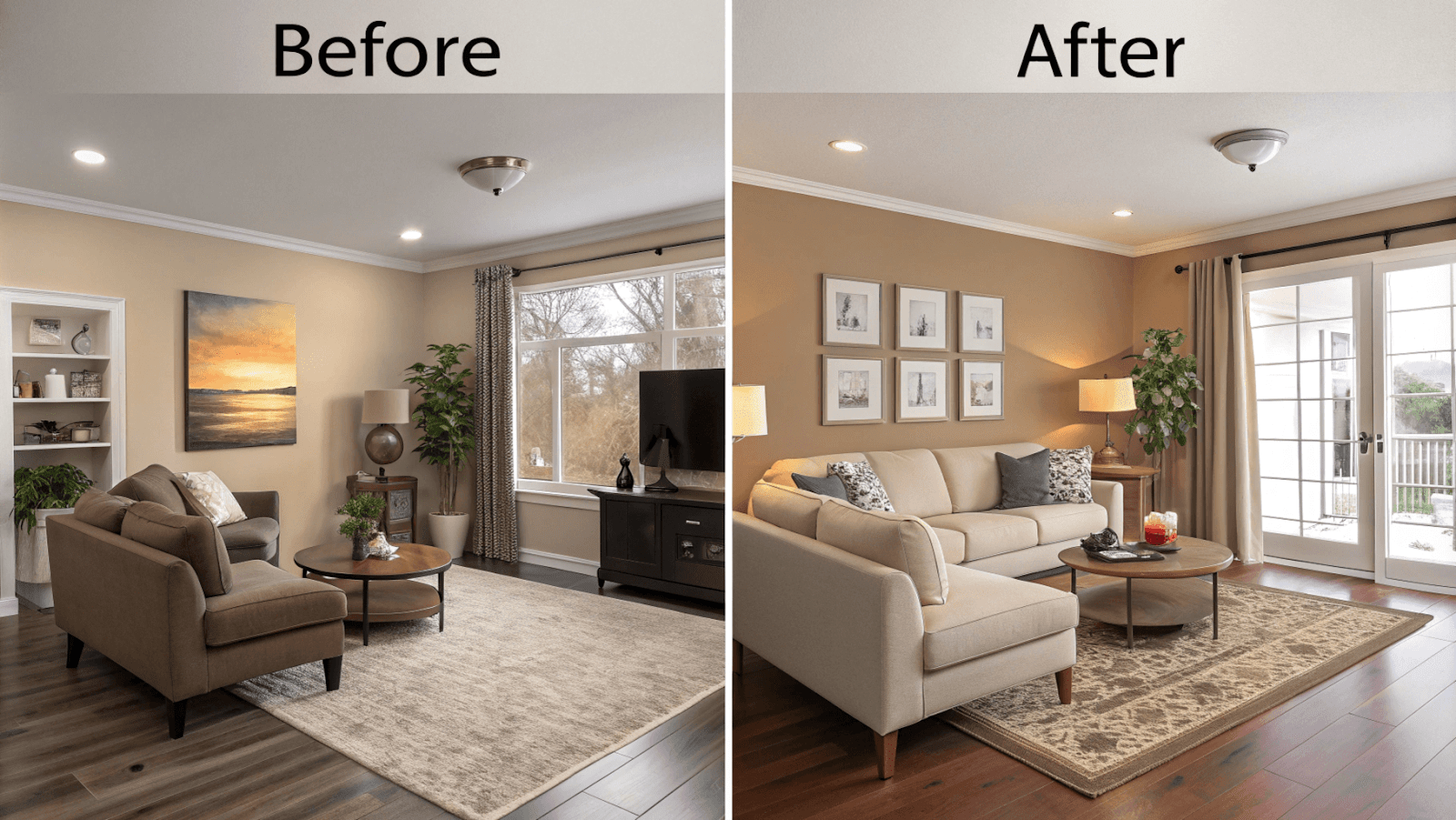 Before and after photos of a living room transformation