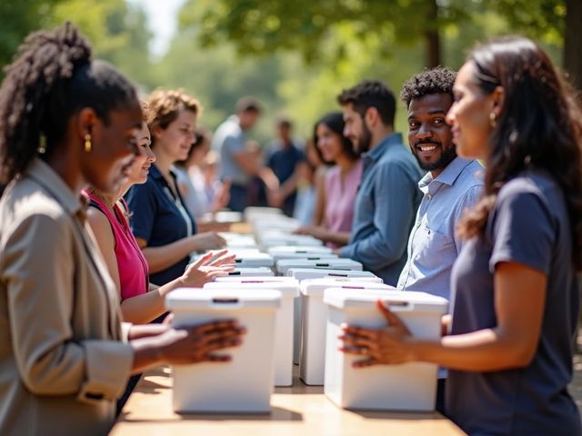 A serene polling station with secure ballot drop boxes, surrounded by smiling election officials and community members, enjoying a sunny day, emphasizing trust and collaboration in the electoral process.