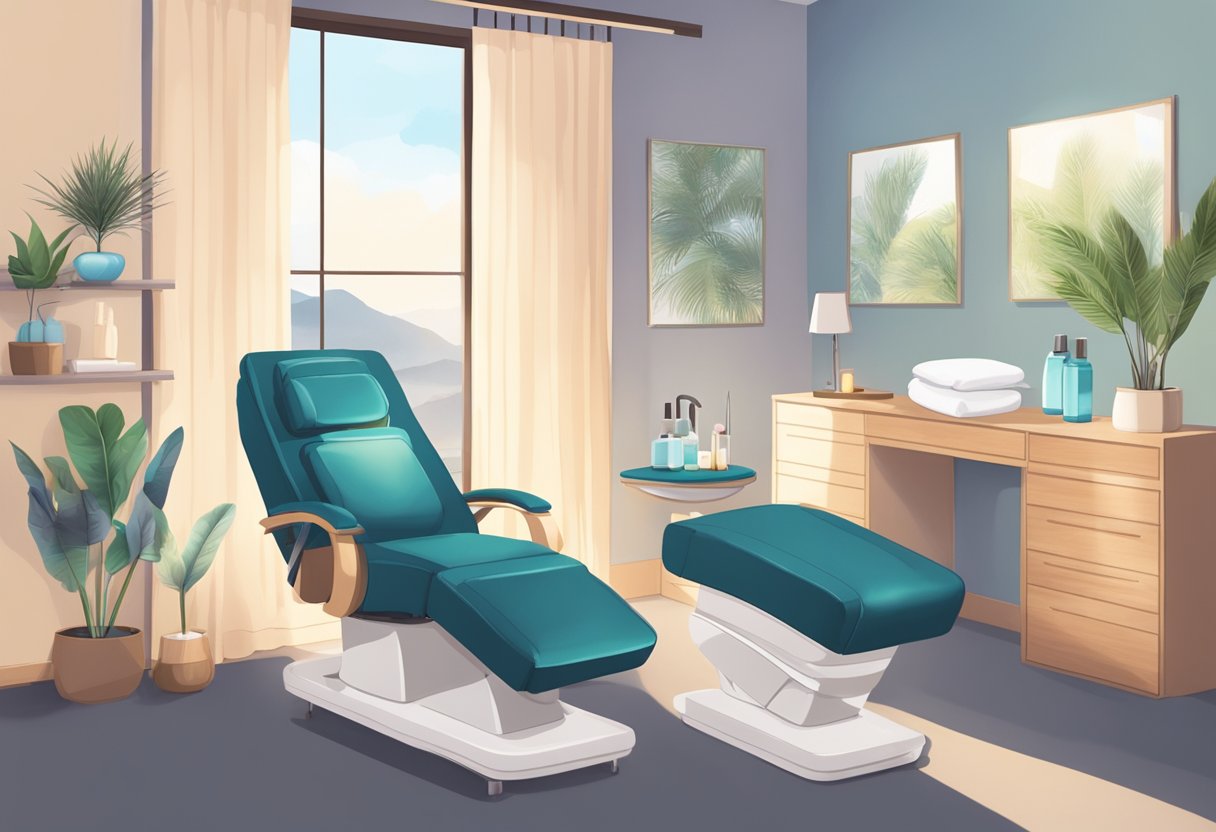 A serene spa room with a comfortable reclining chair, soft lighting, and a table filled with lash extension supplies