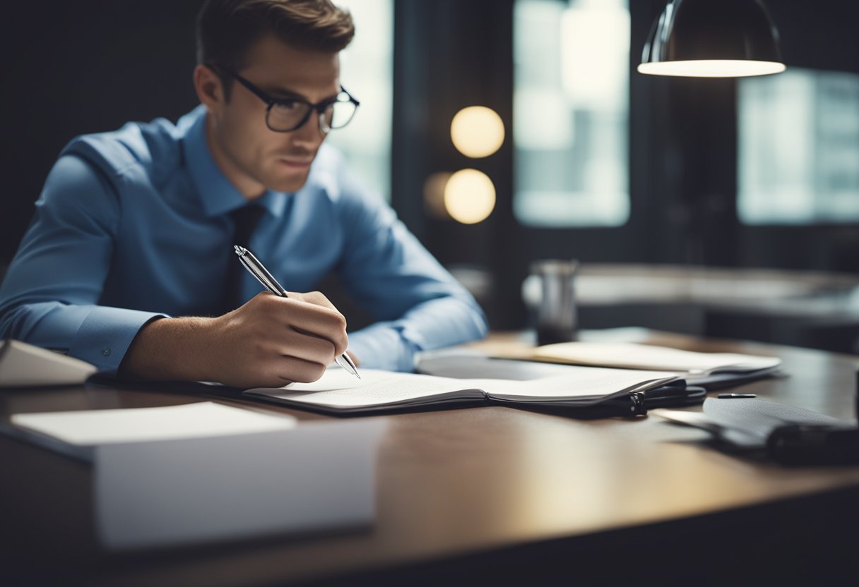 A person sitting at a desk with a pen and paper, analyzing strengths, weaknesses, opportunities, and threats