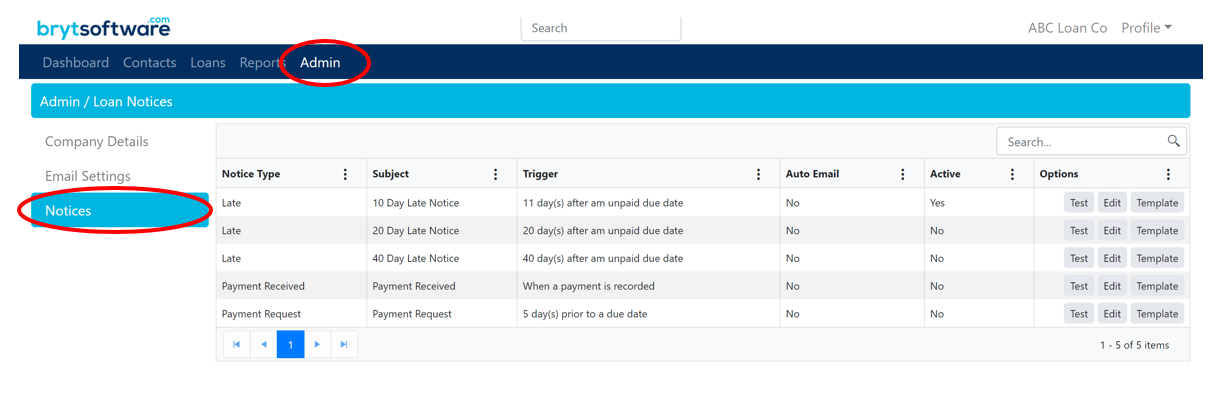 Bryt Software loan notices management interface displaying predefined late and payment-related notices with triggers, email settings, and editing options.