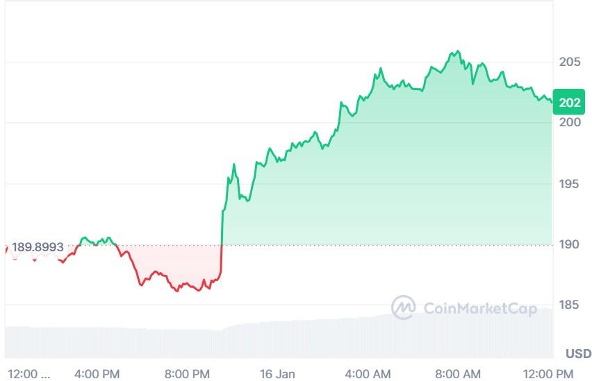 Chart of Solana’s price action over the last 24 hours (CoinMarketCap)