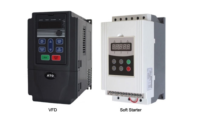 A picture of a variable frequency drive and a soft starter next to each other, labeled accordingly.