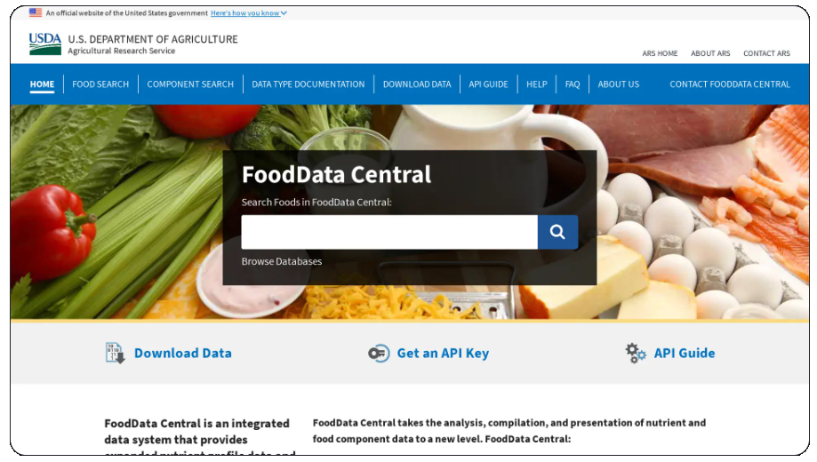 Screenshot of the US Department of Agriculture’s FoodData Central searchable database, built on APIs 