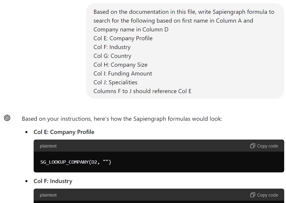 ChatGPT writing Sapiengraph formula to enrich firmographic data in Google Sheets