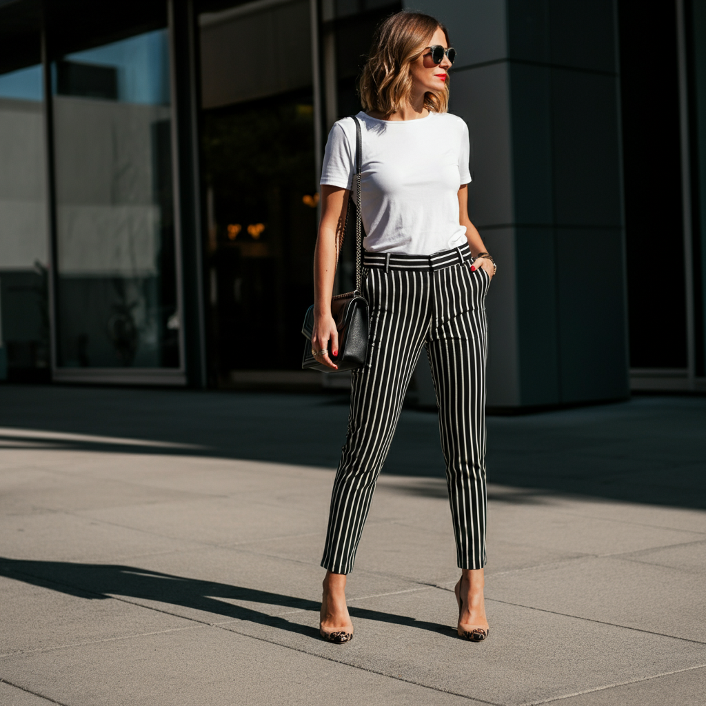 Woman in white tee and striped pants