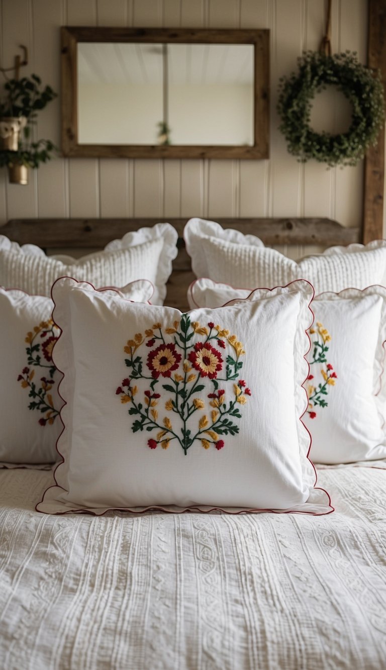 A cozy bed with embroidered floral pillowcases, surrounded by rustic farmhouse decor