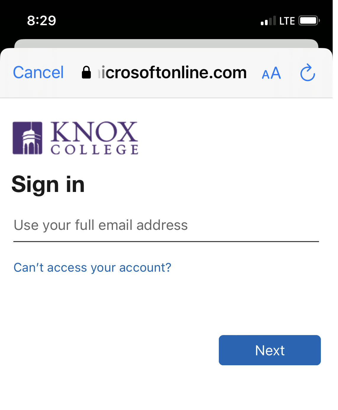 Shows login screen with box to enter email address and Next button.