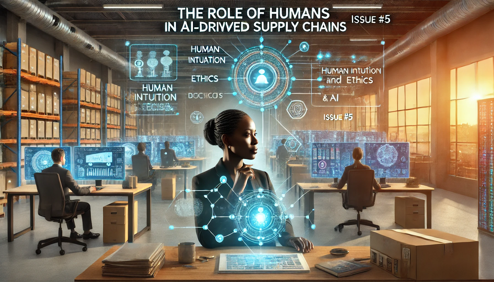 A futuristic office where human workers and AI systems collaboratively manage supply chain processes. A human manager, a middle-aged Black woman, is shown overriding an AI decision on a digital interface, emphasizing the role of human intuition and ethics in AI-enhanced strategies. The setting blends advanced AI technology with a modern office environment.
