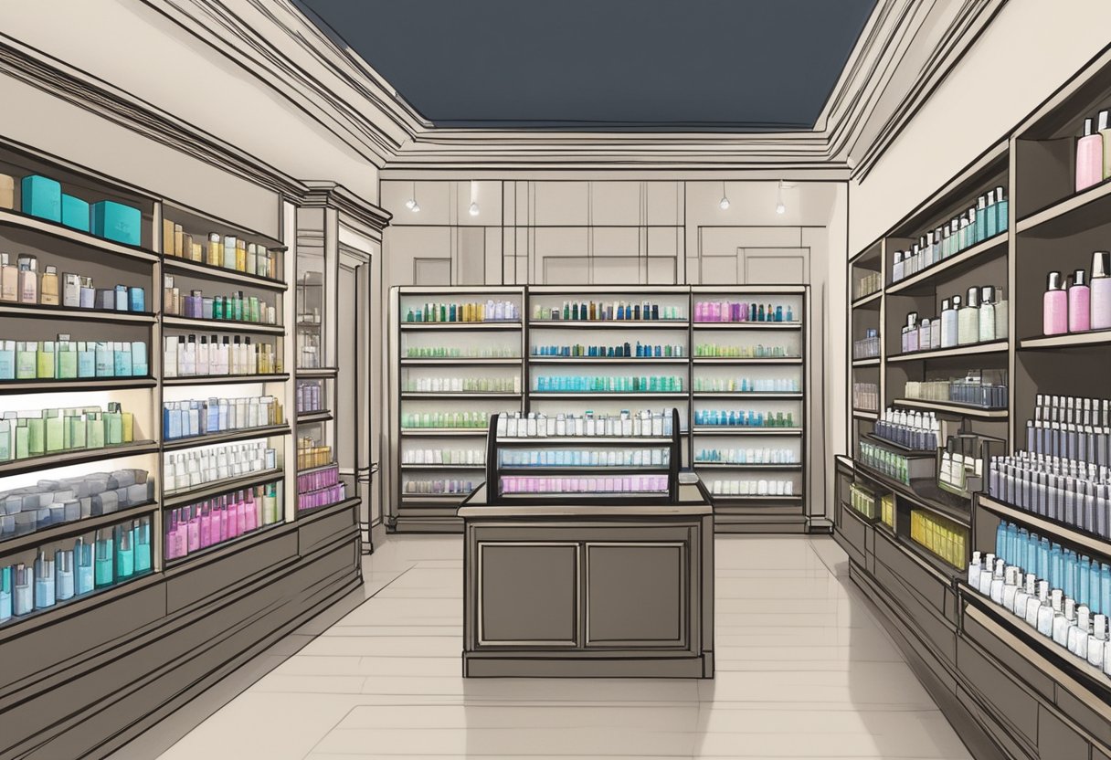 A display of high-quality lash care products in a well-lit boutique in Hackensack. Shelves stocked with serums, cleansers, and extension supplies