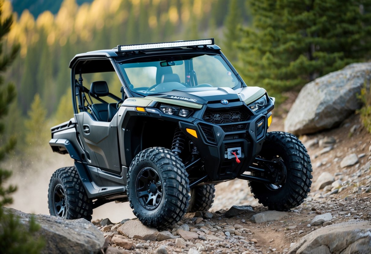 A rugged all-terrain vehicle navigating a rocky trail with a focus on sturdy construction and safety features