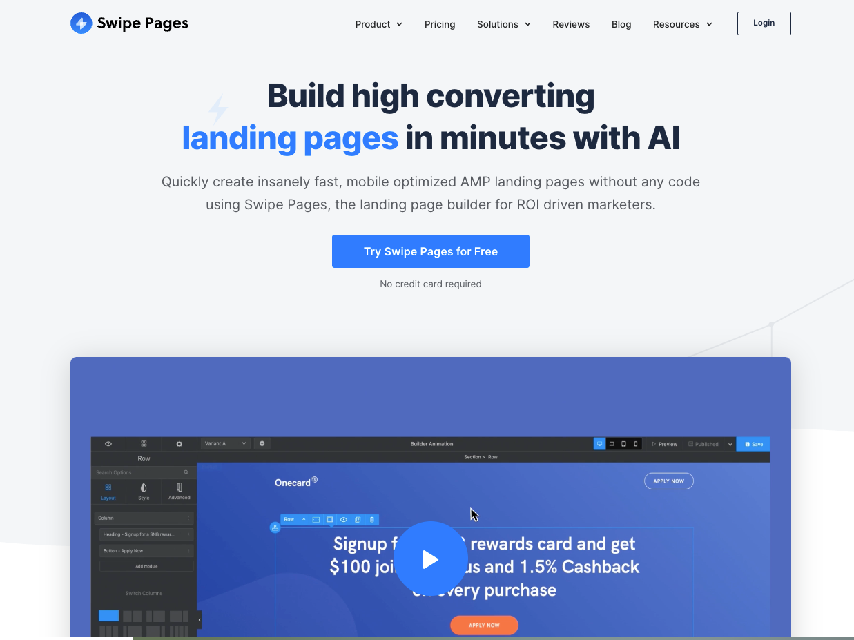 Image showing the Swipe Pages home page to build high-converting landing pages with AI