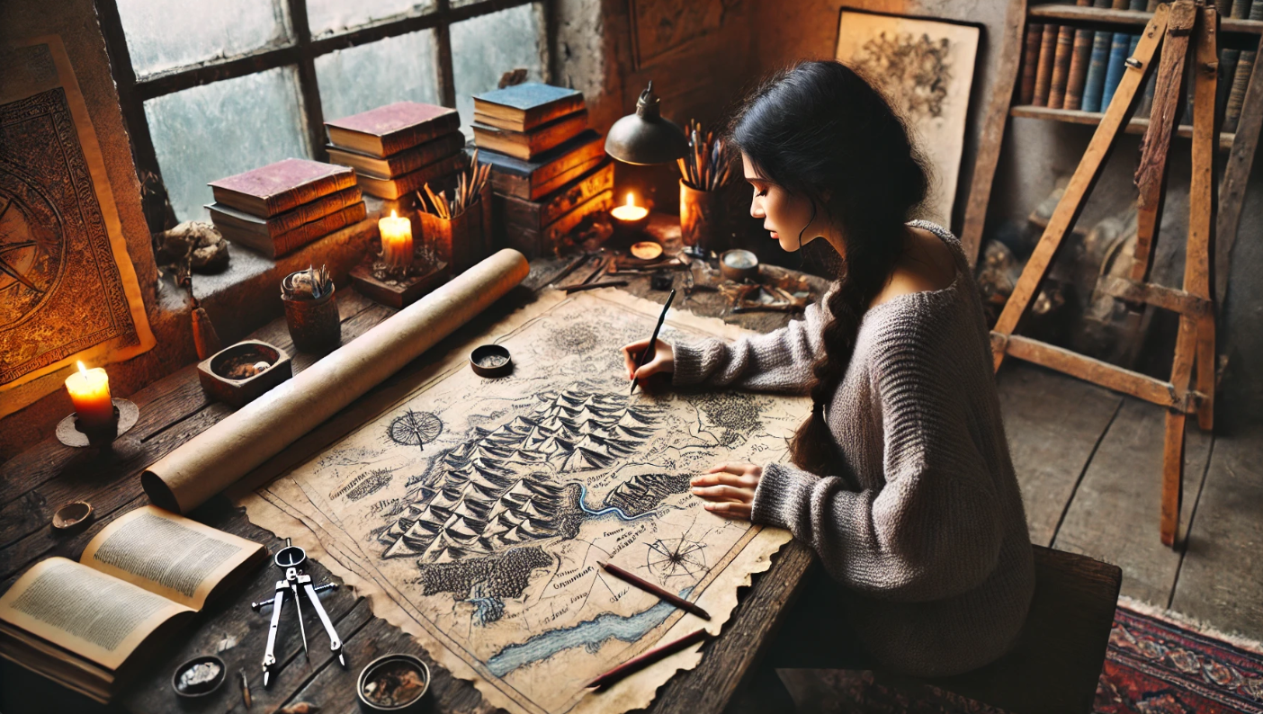 A young woman with dark braided hair sits at a rustic wooden desk, carefully drawing an intricate fantasy map on aged parchment. The workspace is illuminated by candlelight, surrounded by books, compasses, and artistic tools, creating an atmosphere of creativity and adventure in a cozy, old-world study.