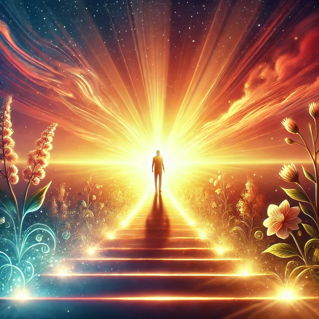 A symbolic image of a person standing at the start of a glowing path leading toward a bright, radiant horizon. The sky is illuminated with warm sunrise colors, symbolizing hope and new beginnings. Along the path, blooming flowers and soft light guide the way, representing growth and positivity. The figure steps forward confidently, evoking a sense of anticipation, transformation, and exciting possibilities that lie ahead.