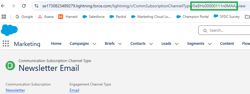 Screenshot in Marketing Cloud highlighting the Communication Subscription Chnl Type ID in the URL.