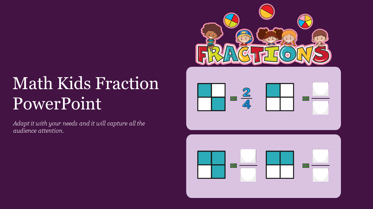 Math kids fraction PowerPoint slide showing colorful fraction visuals with children illustrations on a purple background.