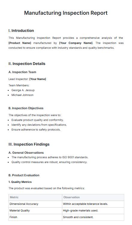 Inspection Report Template: Manufacturing Report