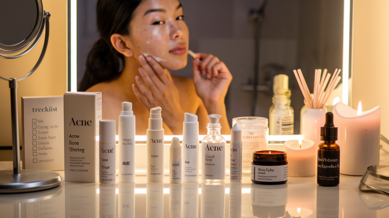 Create a realistic image of a nighttime vanity setup with multiple skincare products organized by skin concerns - acne treatments, anti-aging serums, and moisturizers for dry skin - with a young Asian female applying a targeted treatment to her chin area in soft, warm bathroom lighting that highlights the product labels and skincare routine checklist visible in the corner.