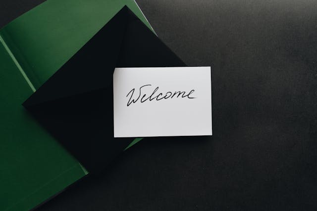 welcome card sitting on table