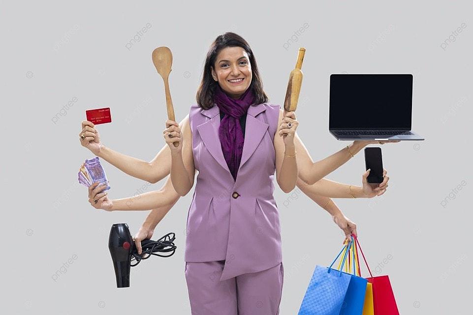 Portrait Of A Multitasking Woman Housewife With Multiple Hands Holding Various Objects Photo Background And Picture For Free Download - Pngtree