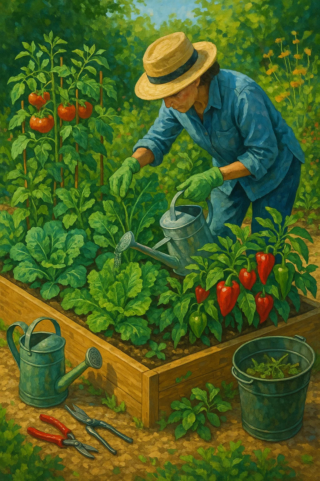 A vibrant garden scene showing a mature raised seed bed filled with thriving vegetable plants like tomatoes, leafy greens, and peppers. A gardener is tending to the plants—watering, removing weeds, or checking leaves for pests. Tools like a watering can, pruning shears, and compost bucket are nearby. The plants look healthy and full, with some ready for harvest. The atmosphere is lush, productive, and nurturing, capturing the reward of consistent garden care.