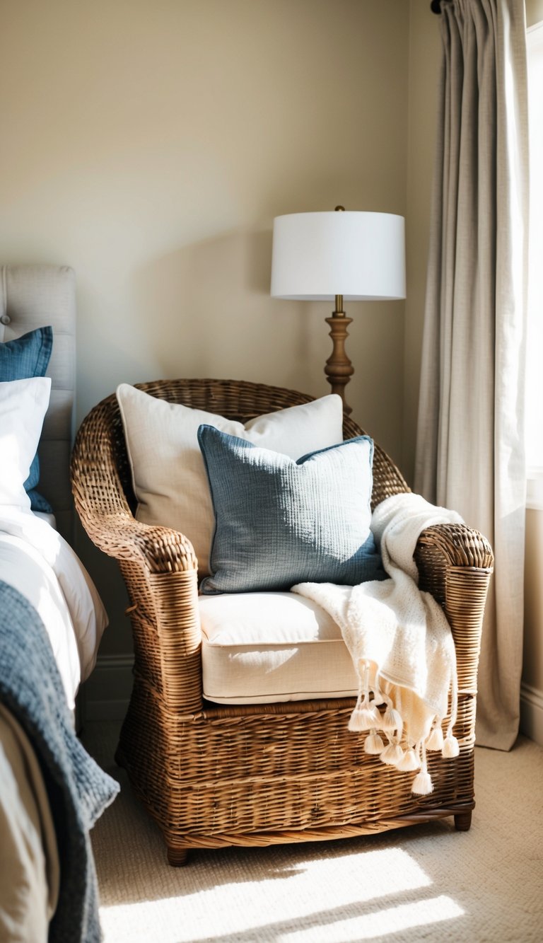 A cozy wicker accent chair sits in a sunlit guest bedroom, surrounded by soft blankets and pillows. The room exudes warmth and comfort, inviting relaxation