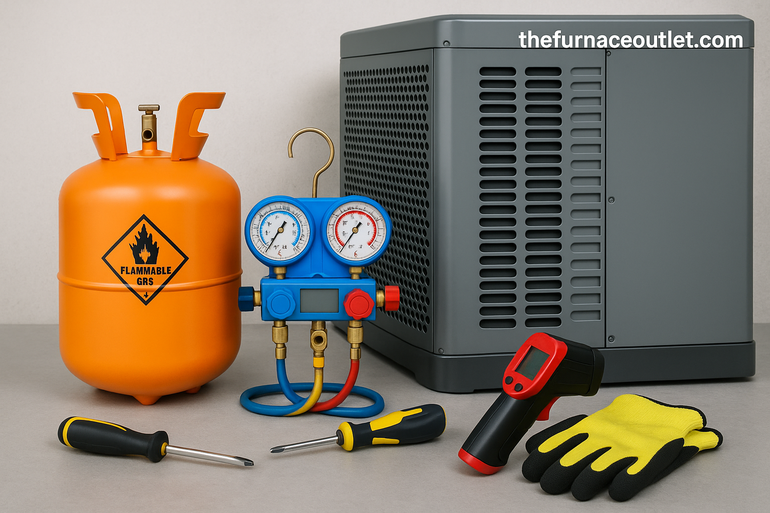 Simulated A2L refrigerant leak in a poorly ventilated mechanical room, highlighting fire risk due to vapor accumulation.