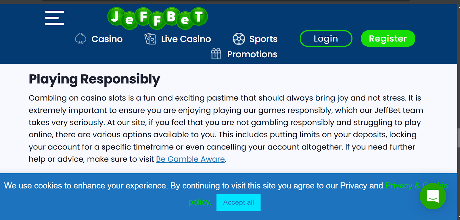 JeffBet responsible gambling section (Developing a responsible gambling strategy)