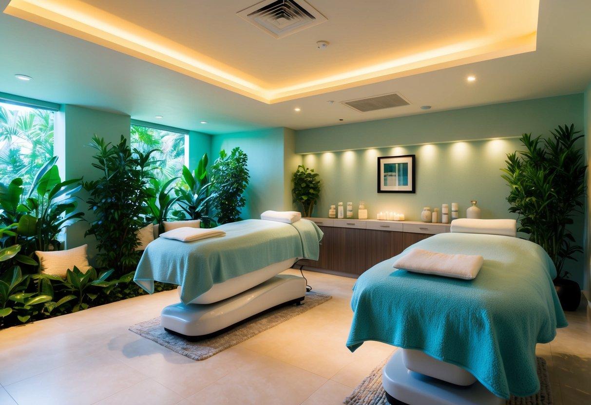 A serene spa-like room with soft lighting and comfortable treatment chairs, surrounded by lush greenery and calming decor