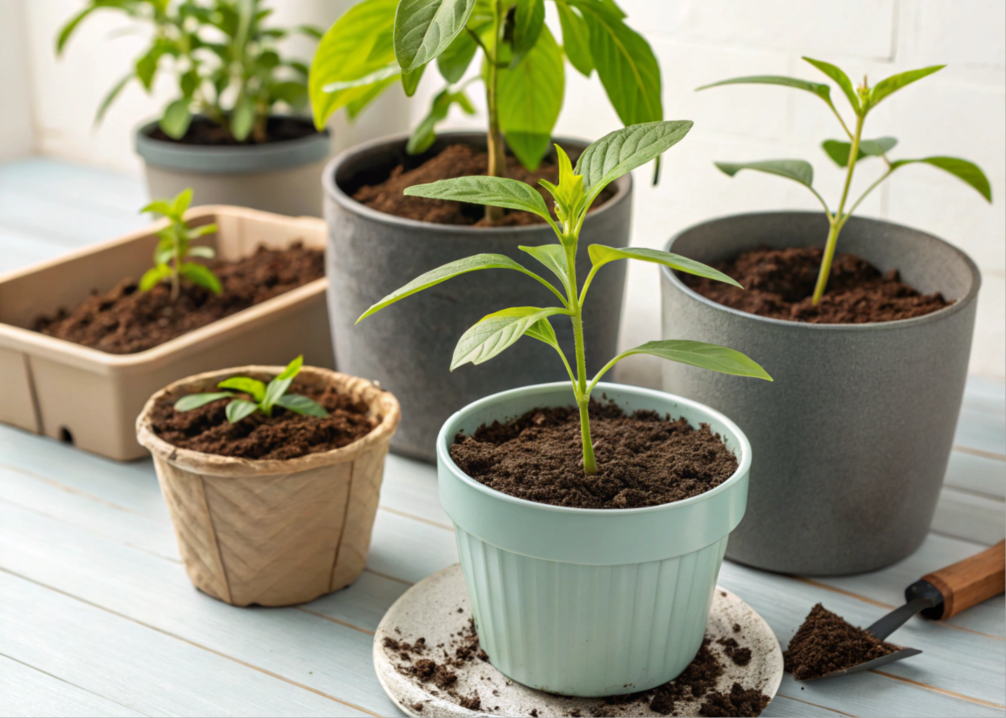 Vários vasos de singônios com solo bem drenado para cultivo adequado.