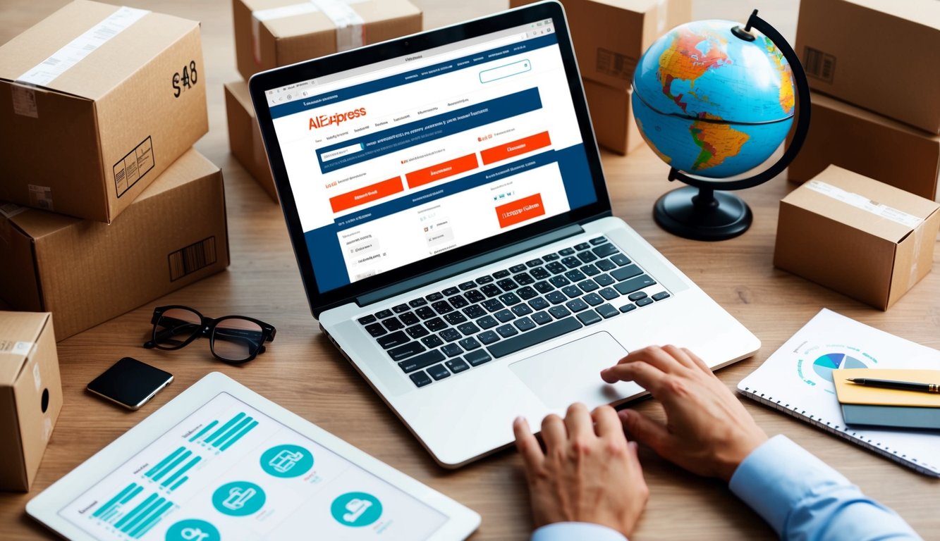 A laptop with AliExpress website open, surrounded by shipping boxes and a globe