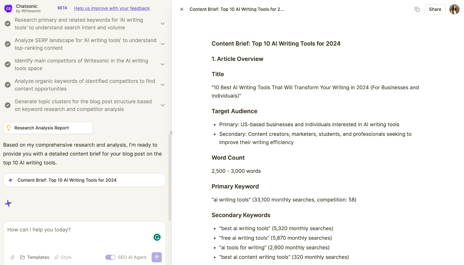 Chatsonic AI agent for creating content briefs