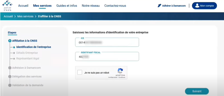 capture d'écran de l'étape de l'inscription à la CNSS en tant qu'étranger  : "Accéder au formulaire d’affiliation"