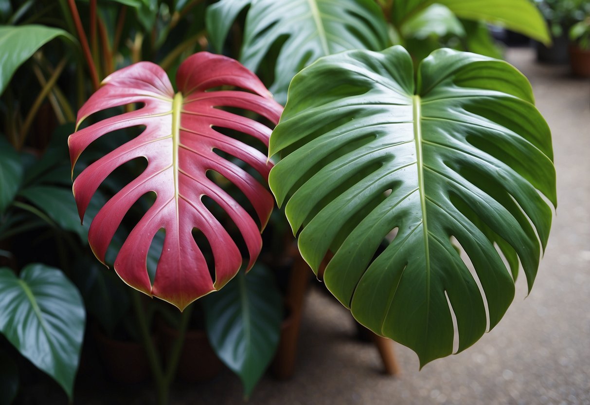 Lush green Philodendron Mayoi and vibrant Tahiti leaves side by side, showcasing their unique shapes and textures