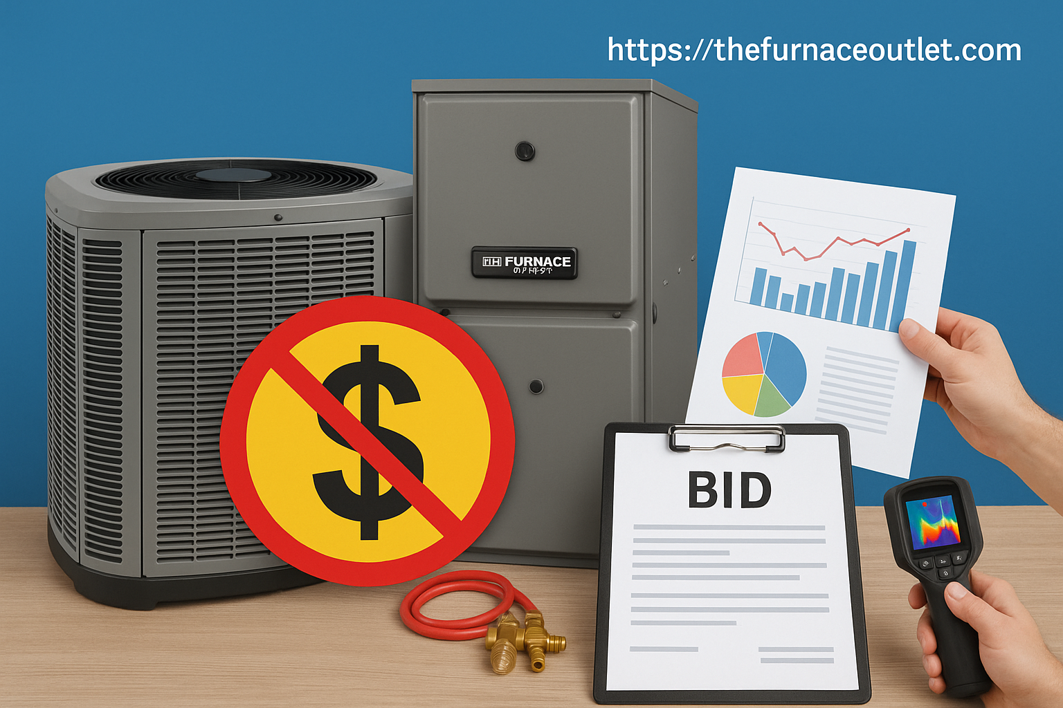 A branded image for The Furnace Outlet showing a central AC unit, furnace, thermal camera, and HVAC bid proposal clipboard, with a warning sign over a dollar symbol and financial charts in the background—illustrating common bidding mistakes like underestimating costs and poor documentation.