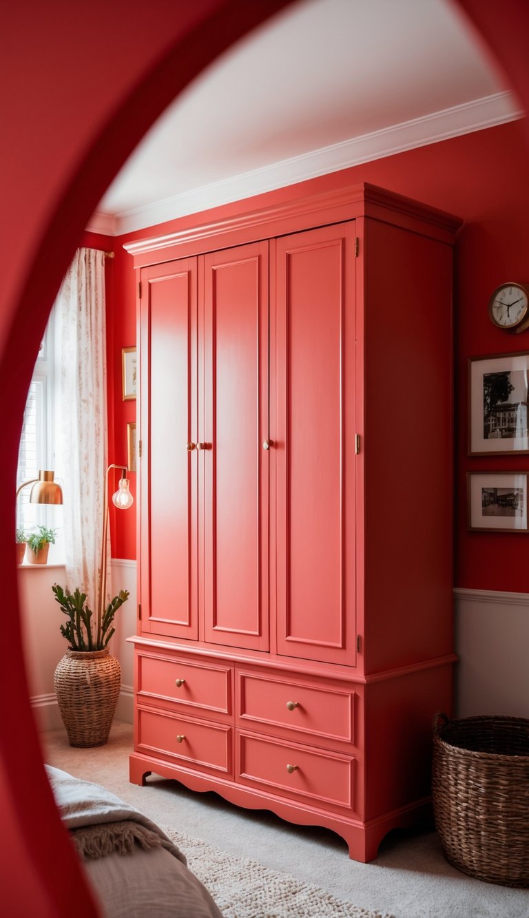 A coral wardrobe stands in a red bedroom with 25 design ideas