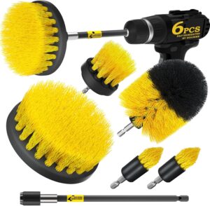 Holikme 6Pack Cleaning Brush Power Scrubber Cleaning Brush Extended Long Attachment Set All Purpose Scrub Brushes Kit for Grout, Floor, Tub, Shower, Tile, Bathroom,Car Cleaning Brush，Yellow